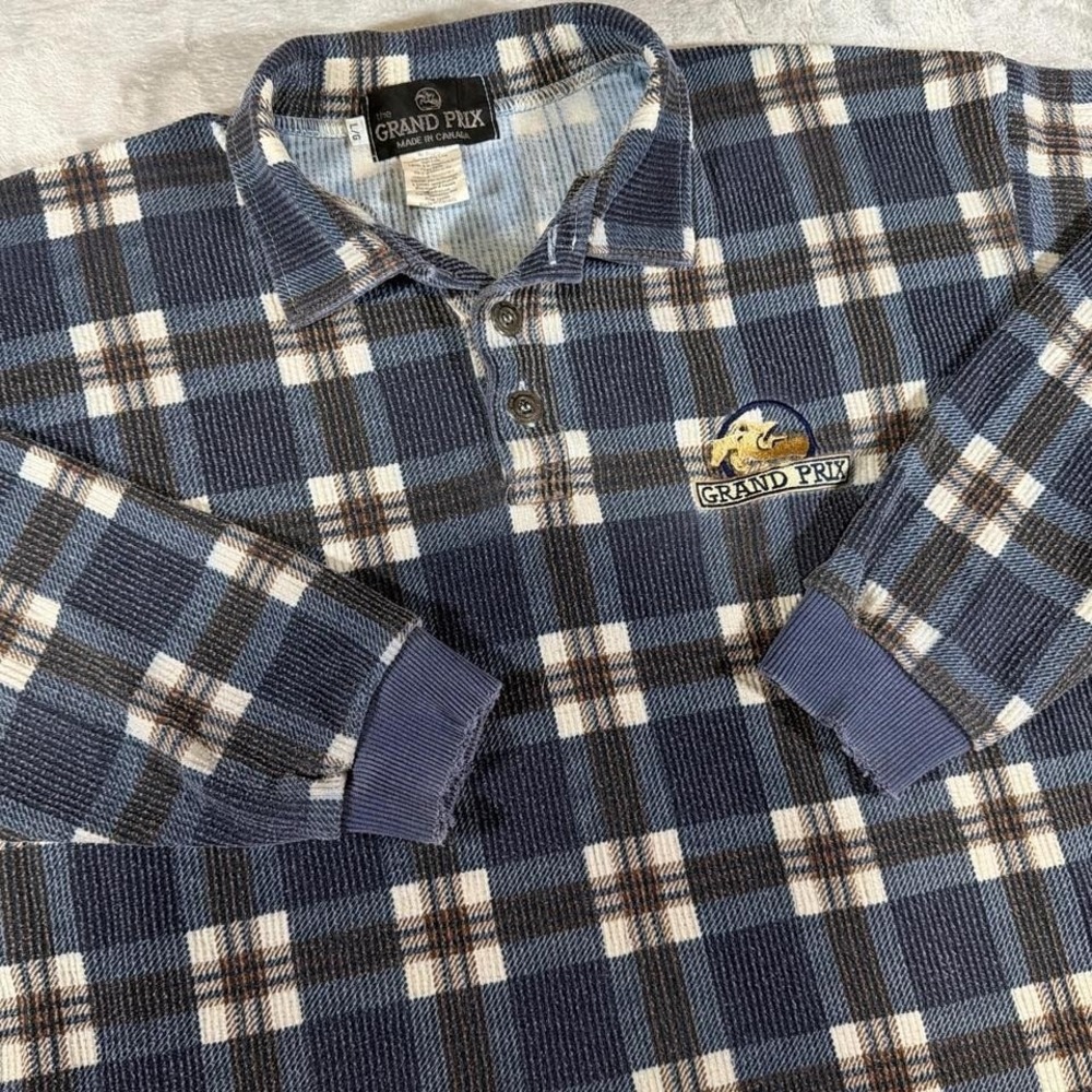 90s Vintage Grand Prix Equestrian Plaid‎ Henley Shirt | Blue Multi | Large